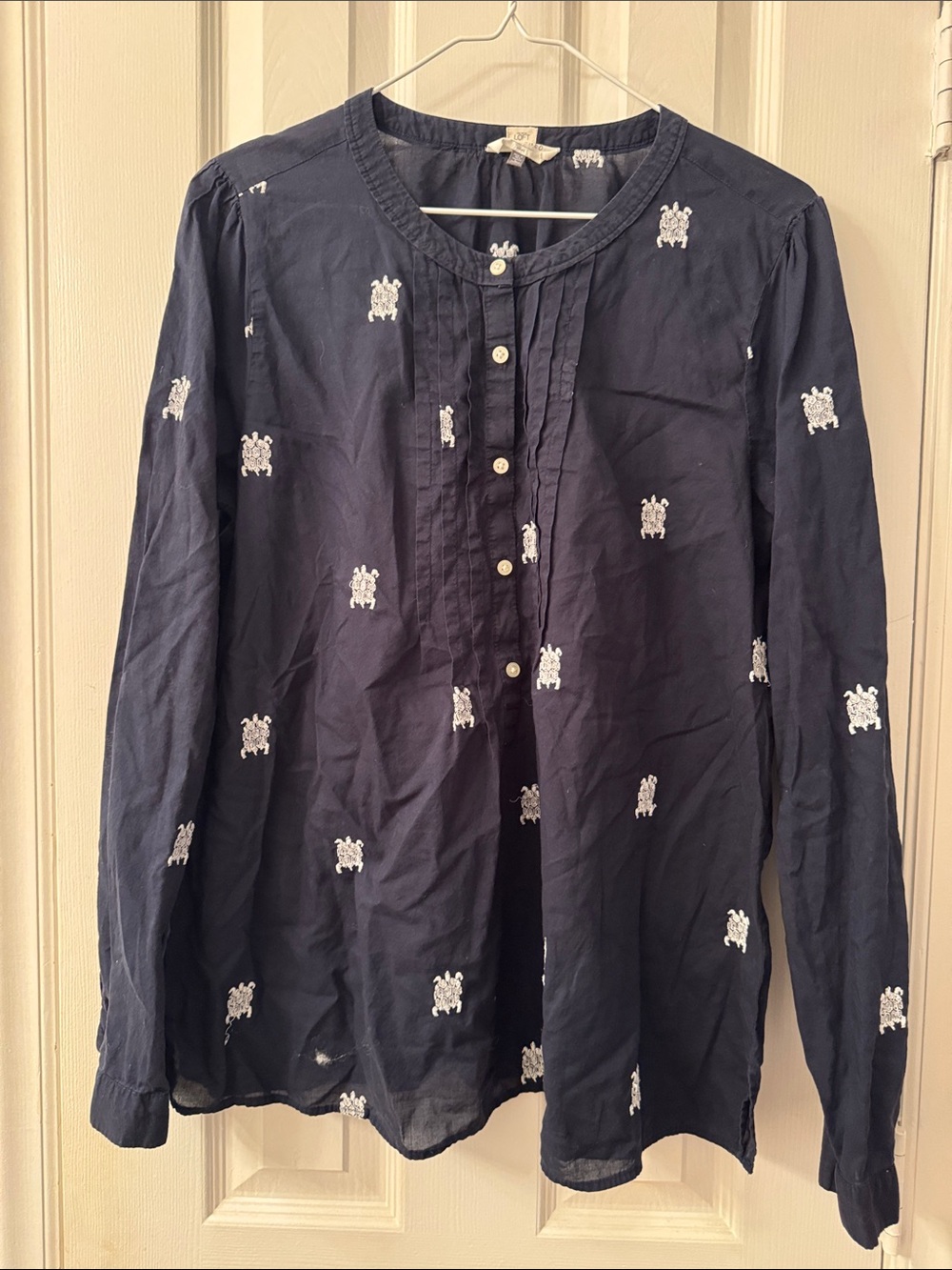 LOFT Navy Long-SleevePeasant Style Shirt with turtle embroidery